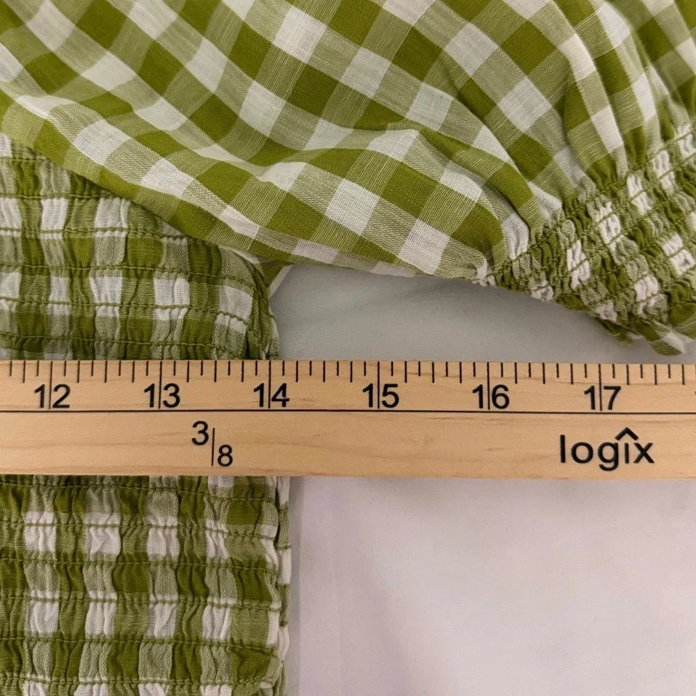 Madewell Cottagecore Green Gingham Smocked Puff Sleeve Square Neck Top XS Ruffle - Picture 7 of 9